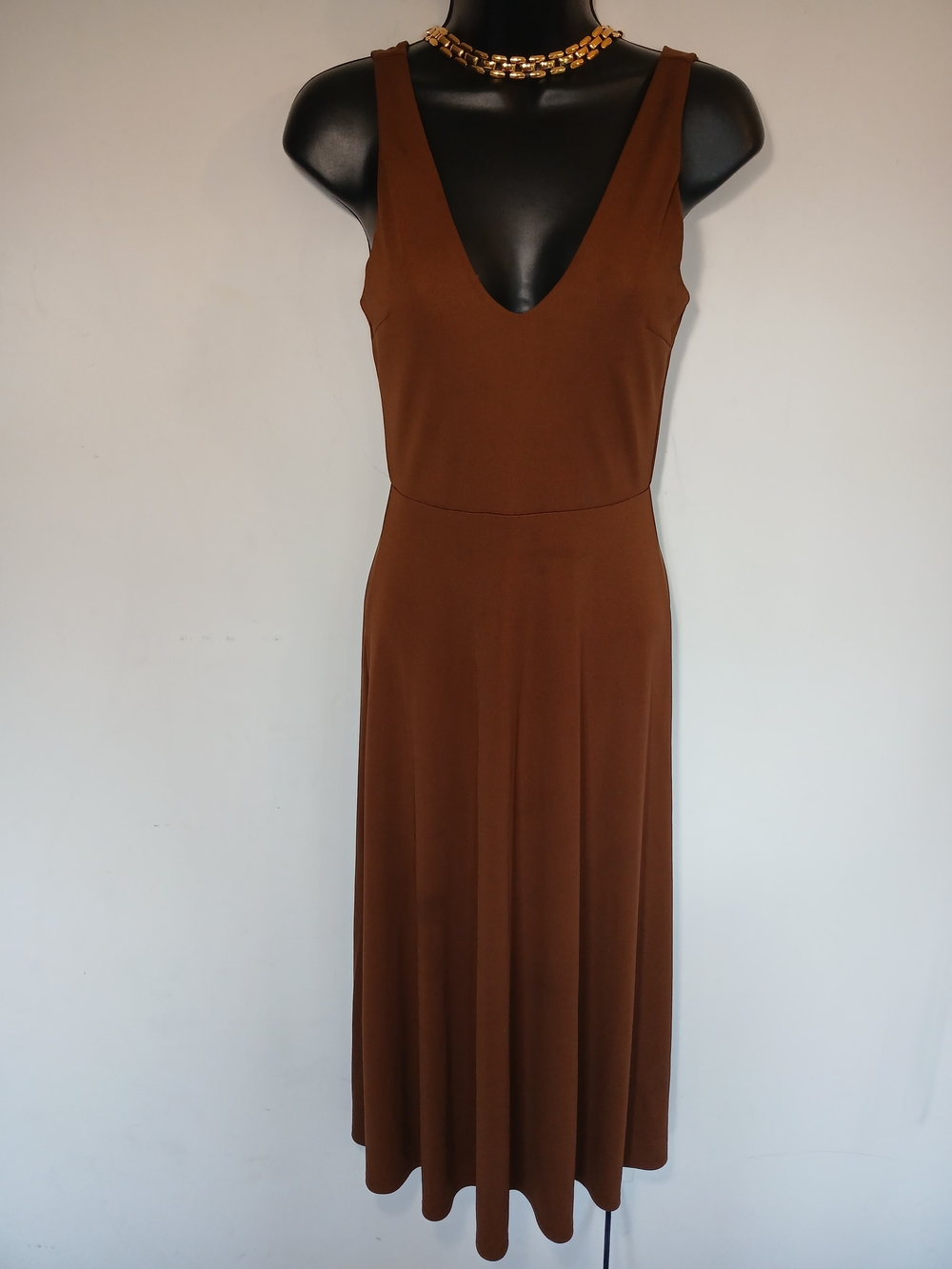 Sleeveless Brown Midi V-Neck Dress